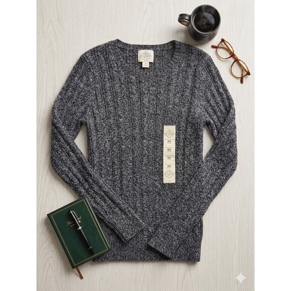 St Johns Bay Mens Grey Black Marl Cable Knit Crew Neck Sweater XS New